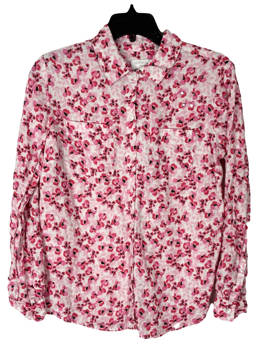 Charter Club Linen Button Shirt PM Pink Florals Long Sleeve Luxury